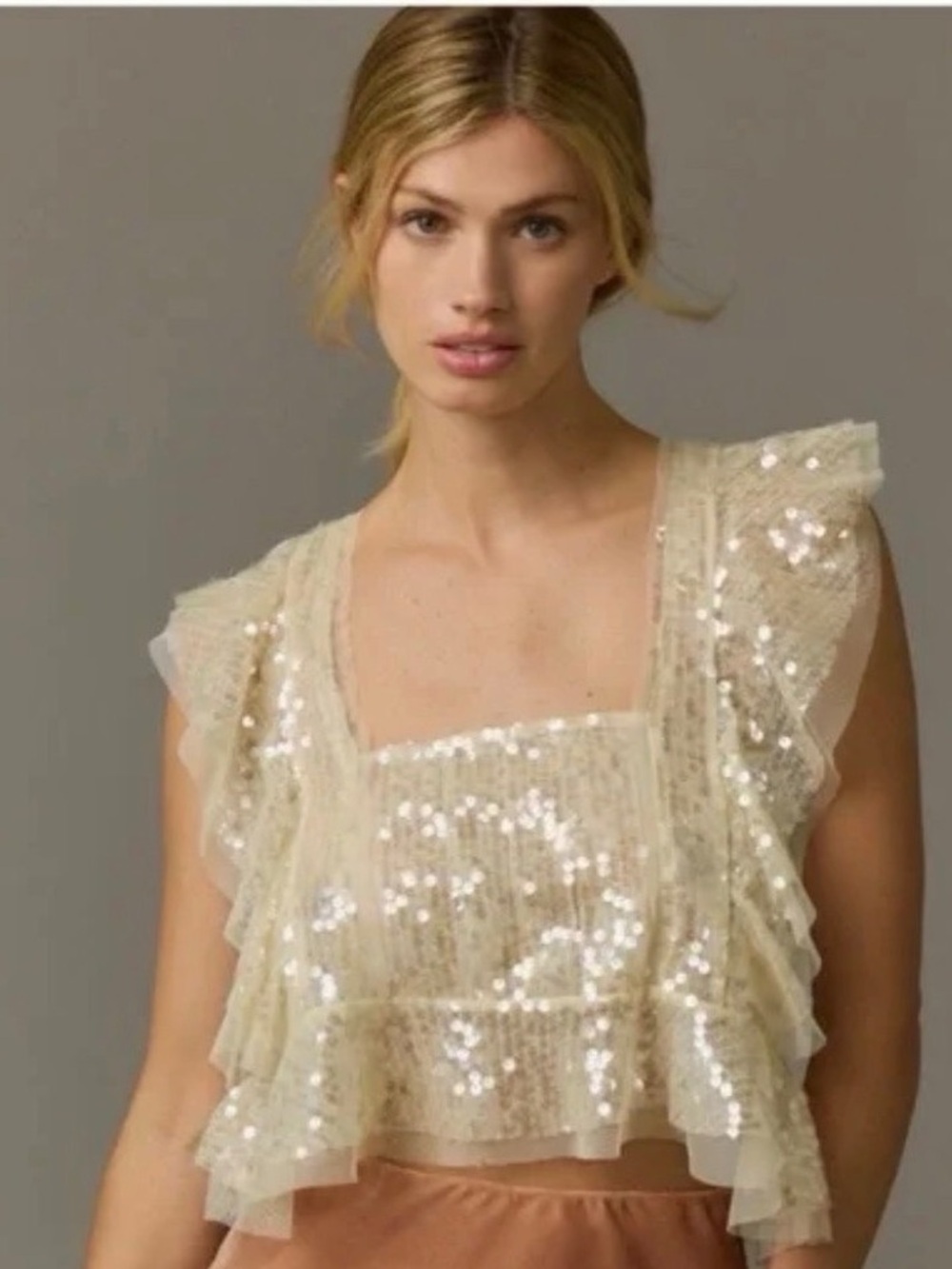 NWOT Anthropologie Sequin Tulle Flutter Ruffle Blouse